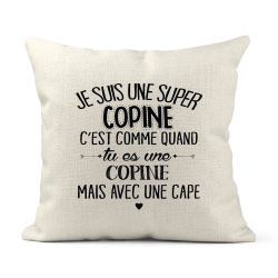 Housse de coussin - Lin - Décoration - imprimé Citation Je suis une super copine avec une cape