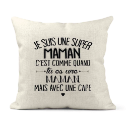 Housse de coussin - Lin - Décoration - imprimé Citation Je suis une super Maman avec une cape