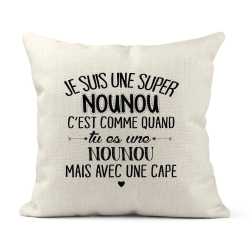 Housse de coussin - Lin - Décoration - imprimé Citation Je suis une super Nounou avec une cape