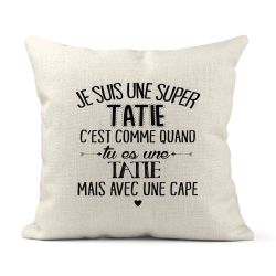 Housse de coussin - Lin - Décoration - imprimé Citation Je suis une super Tatie avec une cape