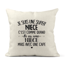 Housse de coussin - Lin - Décoration - imprimé Citation Je suis une super Nièce avec une cape