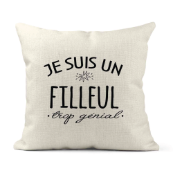 Housse de coussin - Lin - Décoration - imprimé Citation Je suis un Filleul trop génial