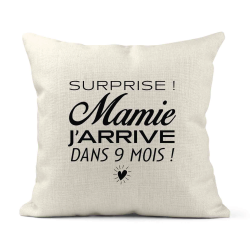 Housse de coussin - Lin - Décoration - imprimé Citation Surprise mamie j'arrive dans 9 mois