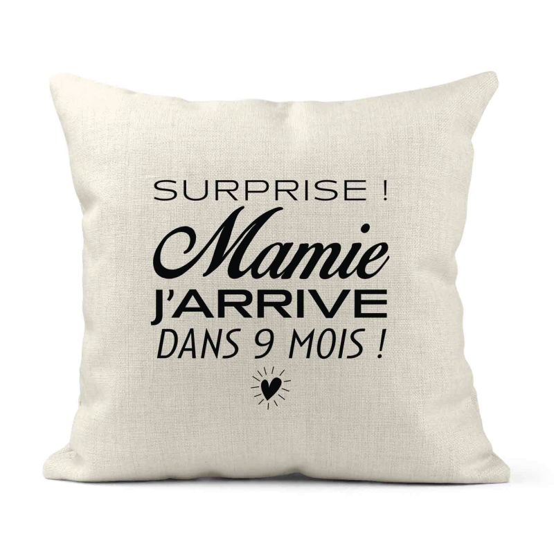 Housse de coussin - Lin - Décoration - imprimé Citation Surprise mamie j'arrive dans 9 mois