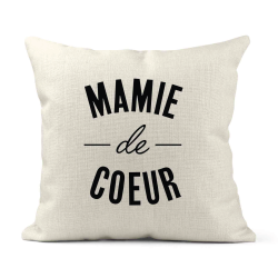 Housse de coussin - Lin - Décoration - imprimé Citation Mamie de coeur