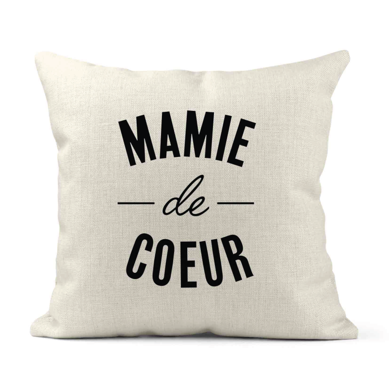 Housse de coussin - Lin - Décoration - imprimé Citation Mamie de coeur