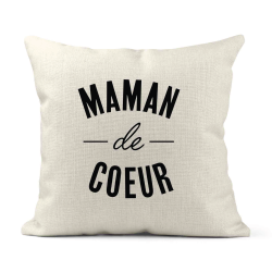Housse de coussin - Lin - Décoration - imprimé Citation Maman de coeur