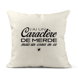 Housse de coussin - Lin - Décoration - imprimé Citation Caractère de merde mais un coeur en or