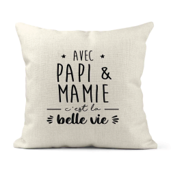 Housse de coussin - Lin - Décoration - imprimé Citation Avec papi & mamie c'est la belle vie