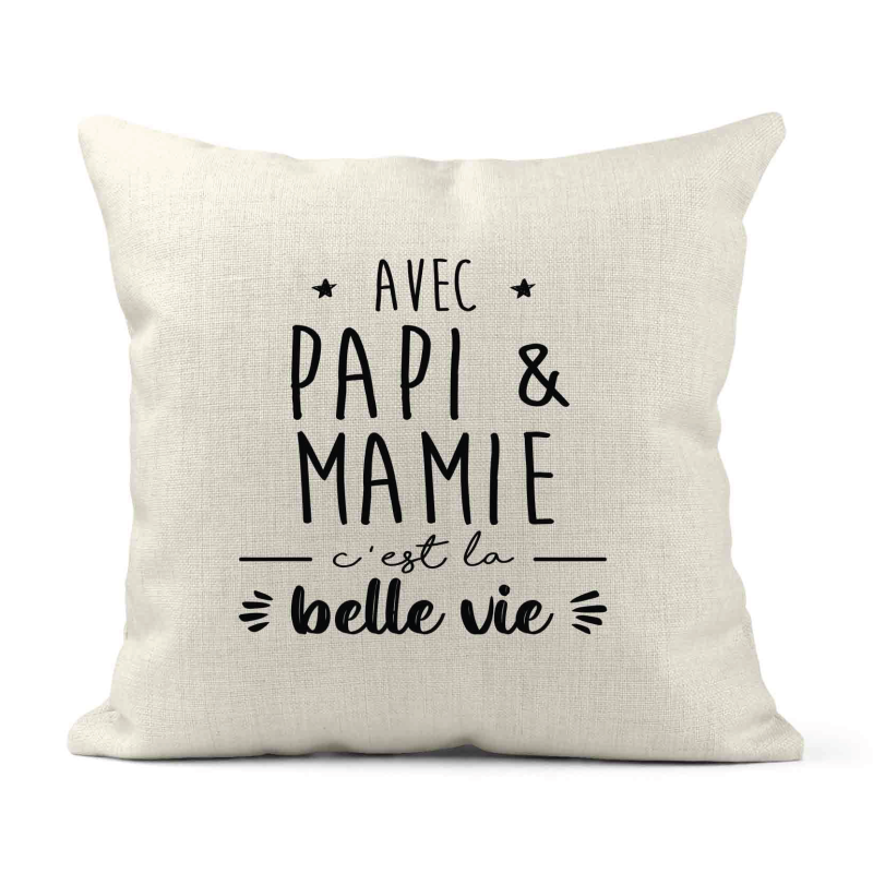 Housse de coussin - Lin - Décoration - imprimé Citation Avec papi & mamie c'est la belle vie
