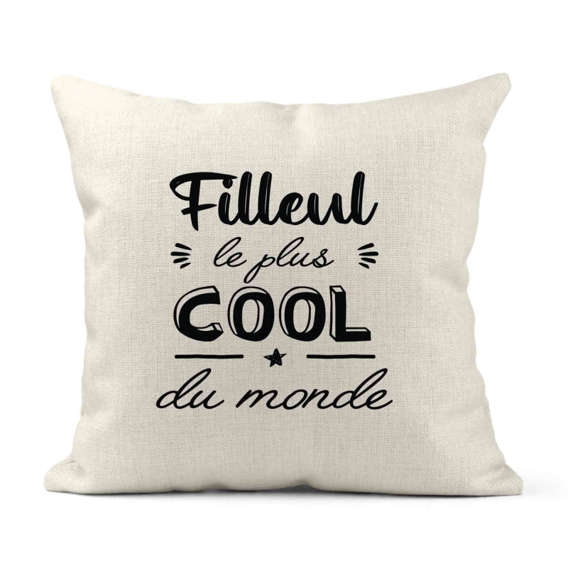 Housse de coussin - Lin - Décoration - imprimé Citation Filleul le plus cool du monde