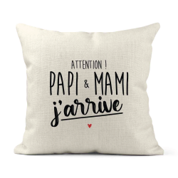Housse de coussin - Lin - Décoration - imprimé Citation Attention papi et mami j'arrive