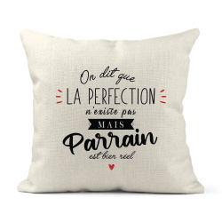 Housse de coussin - Lin - Décoration - imprimé Citation La perfection n'existe pas mais parrain est bien réel
