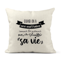 Housse de coussin - Lin - Décoration - imprimé Citation Quand on a une marraine comme la mienne