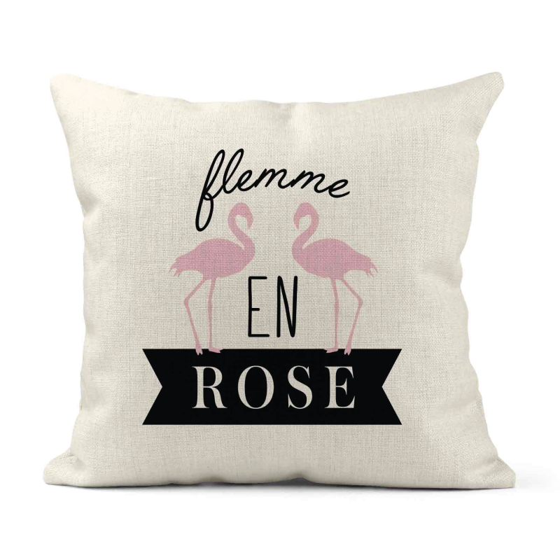 Housse de coussin - Lin - Décoration - imprimé Citation lamant Flemme en rose