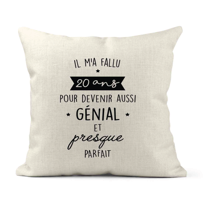 Housse de coussin - Lin - Décoration - imprimé Citation Il m'a fallu 20 ans pour devenir aussi génial
