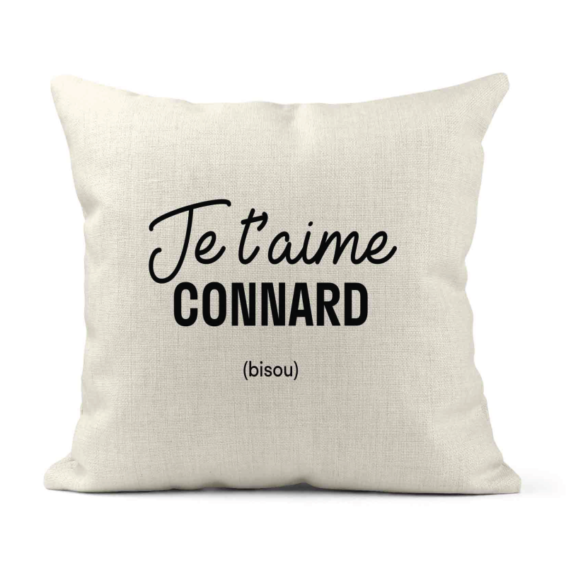 Housse de coussin - Lin - Décoration - imprimé Citation Je t'aime connard bisou