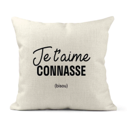 Housse de coussin - Lin - Décoration - imprimé Citation Je t'aime Connasse bisou