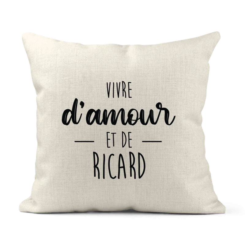 Housse de coussin - Lin - Décoration - imprimé Citation humour Vivre d'amour et de ricard