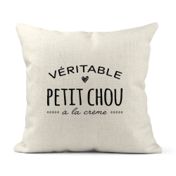 Housse de coussin - Lin - Décoration - imprimé Citation humour Véritable petit chou a la crème