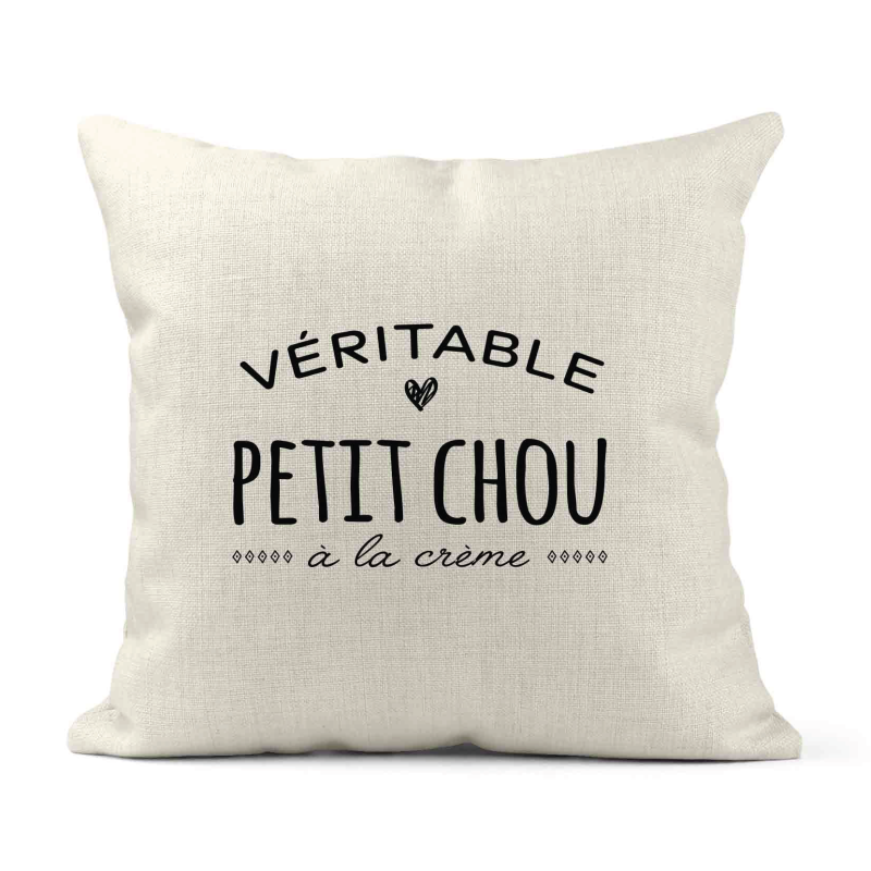 Housse de coussin - Lin - Décoration - imprimé Citation humour Véritable petit chou a la crème
