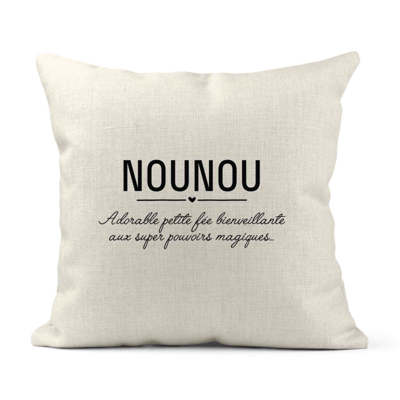 Housse de coussin - Lin - Décoration - imprimé Citation humour Nounou adorable petite fée bienveillante