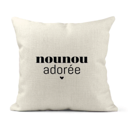 Housse de coussin - Lin - Décoration - imprimé Citation humour Nounou adorée