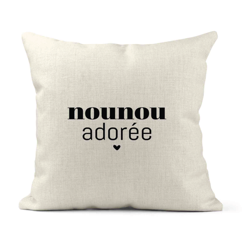 Housse de coussin - Lin - Décoration - imprimé Citation humour Nounou adorée