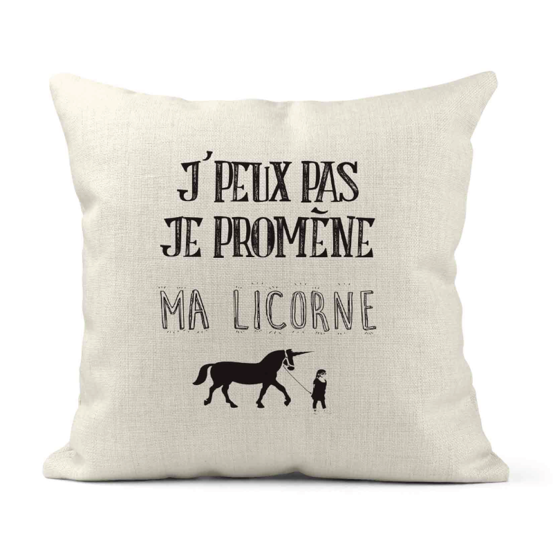 Housse de coussin - Lin - Décoration - imprimé Citation humour Je peux pas je promène ma licorne