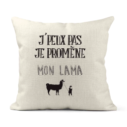 Housse de coussin - Lin - Décoration - imprimé Citation humour Je peux pas je promène mon lama