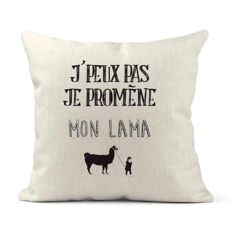 Housse de coussin - Lin - Décoration - imprimé Citation humour Je peux pas je promène mon lama