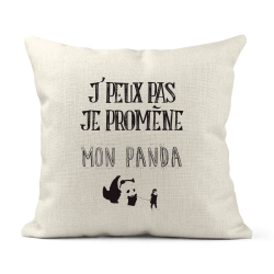 Housse de coussin - Lin - Décoration - imprimé Citation humour Je peux pas je promène mon panda