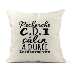 Housse de coussin - Lin - Décoration - imprimé Citation humour Recherche CDI calin