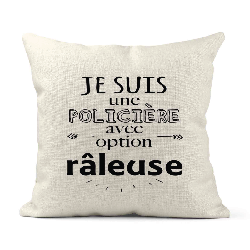 Housse de coussin - Lin - Décoration - imprimé Citation humour Policière avec option râleuse