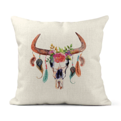 Housse de coussin - Lin - Décoration - imprimé illustration Bohème tête buffle