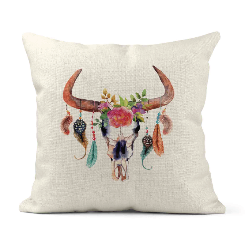 Housse de coussin - Lin - Décoration - imprimé illustration Bohème tête buffle