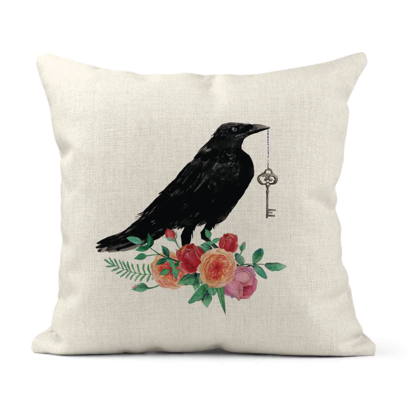 Housse de coussin - Lin - Décoration - imprimé illustration Corbeau