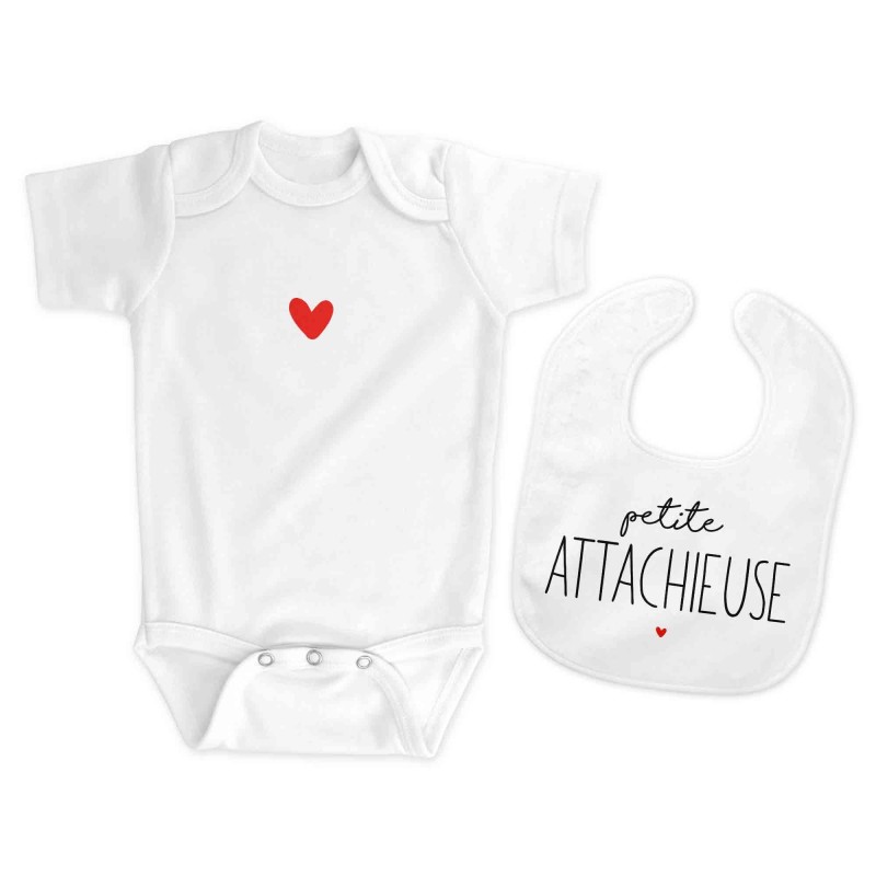 Body et Bavoir bébé - Pochette Cadeau Naissance - imprimé humour - Attachieuse coeur  - France