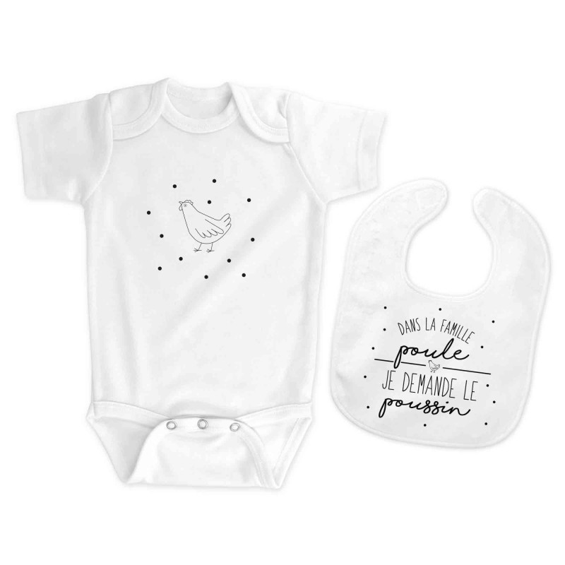 Body et Bavoir bébé - Pochette Cadeau Naissance - imprimé humour - Dans la famille poule je demande le poussin   - France