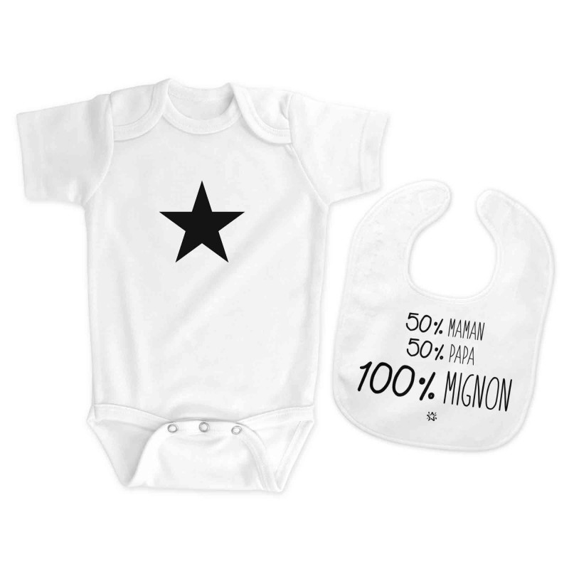 Body et Bavoir bébé - Pochette Cadeau Naissance - imprimé humour - 50% Papa 50% Maman 100% Mignon - France