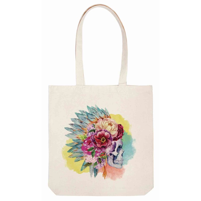 Sac tote bag - Toile Lin - Décoration - imprimé citation illustration Tête de mort indien bohème