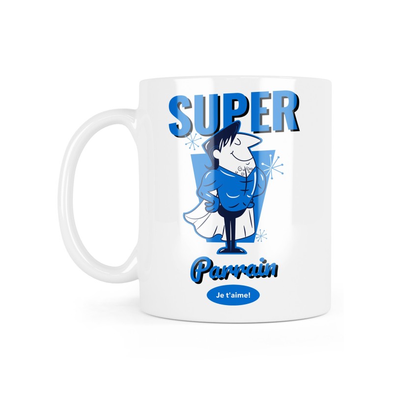 Mug céramique à message - Cadeau baptême - Super parrain je t'aime