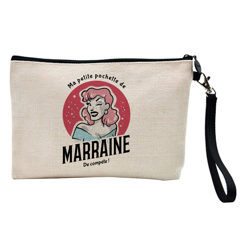 Pochette Trousse à crayons et maquillage - Lin - Cadeau famille - imprimé Ma petite pochette de marraine