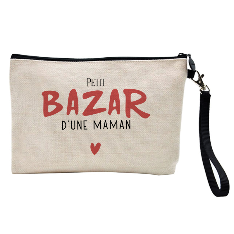 Pochette Trousse à crayons et maquillage - Lin - Cadeau famille - imprimé Petit bazar d'une maman
