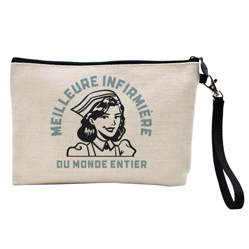 Pochette Trousse à crayons et maquillage - Lin - Cadeau soignants - imprimé meilleure infirmiere du monde
