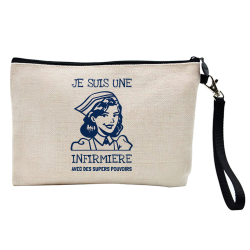 Pochette Trousse à crayons et maquillage - Lin - Cadeau soignants - imprimé infirmière avec des supers pouvoirs
