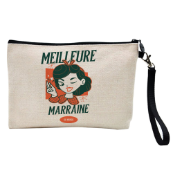 Pochette Trousse à crayons et maquillage - Lin - Cadeau baptême - imprimé Meilleure marraine du monde