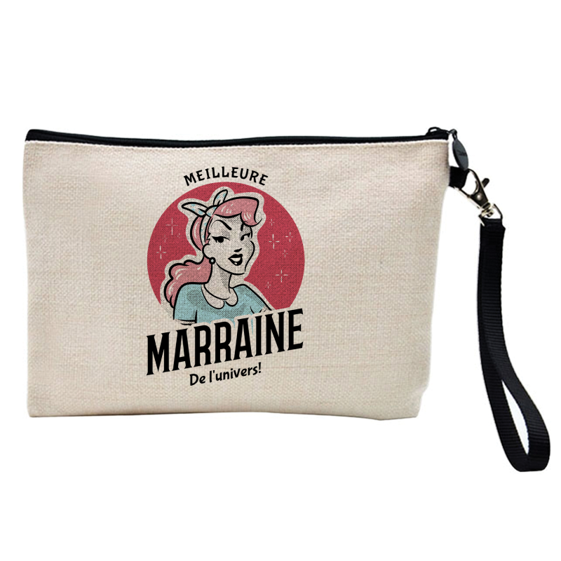 Pochette Trousse à crayons et maquillage - Lin - Cadeau baptême - imprimé Meilleure marraine de l'univers