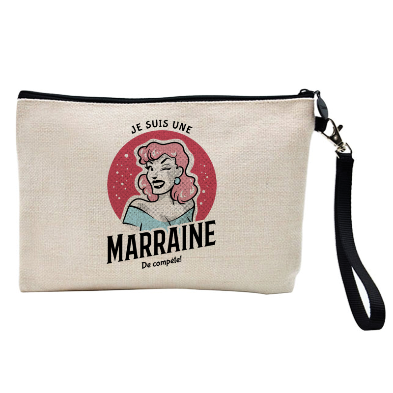 Pochette Trousse à crayons et maquillage - Lin - Cadeau baptême - imprimé Marraine de compète