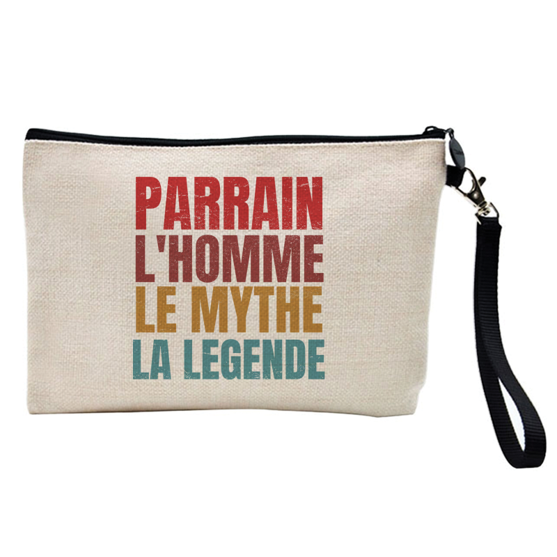 Pochette Trousse à crayons et maquillage - Lin - Cadeau baptême - imprimé Parrain l'homme le mythe la légende